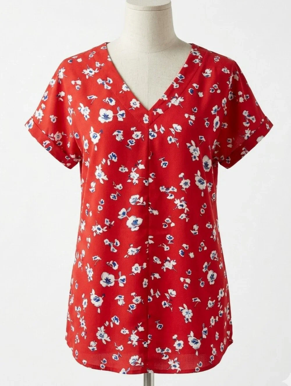 Pleione Anthropologie Floral V-Neck Blouse M Red Short Sleeve Cuffed Dolman Top - Picture 1 of 10